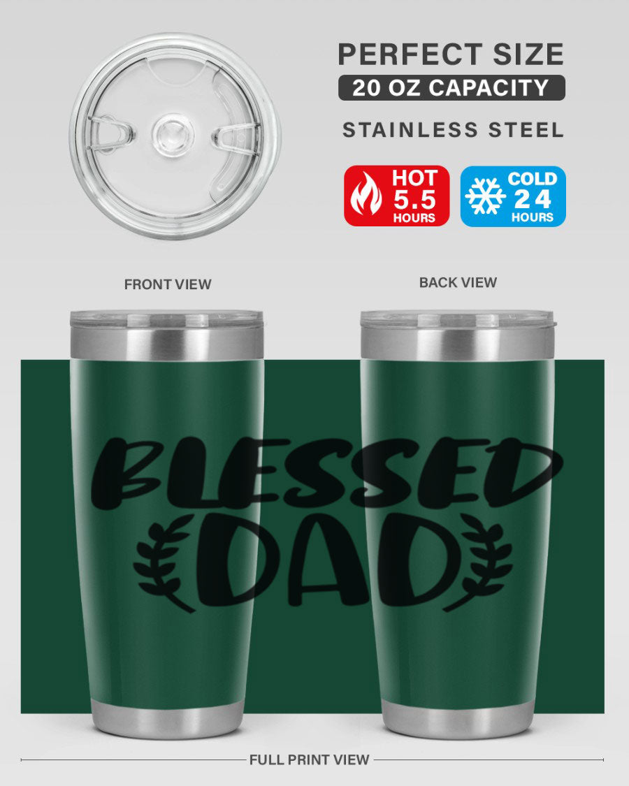 Blessed Dad 36# Tumbler in stainless steel with a drink-thru lid, showcasing its sleek design and insulation features.