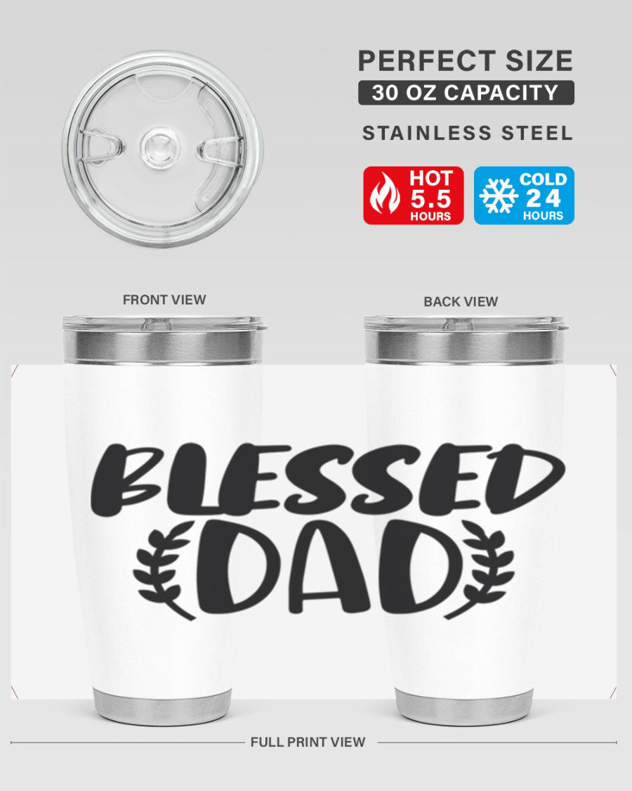 Blessed Dad 36# Tumbler in stainless steel with a drink-thru lid, showcasing its sleek design and insulation features.