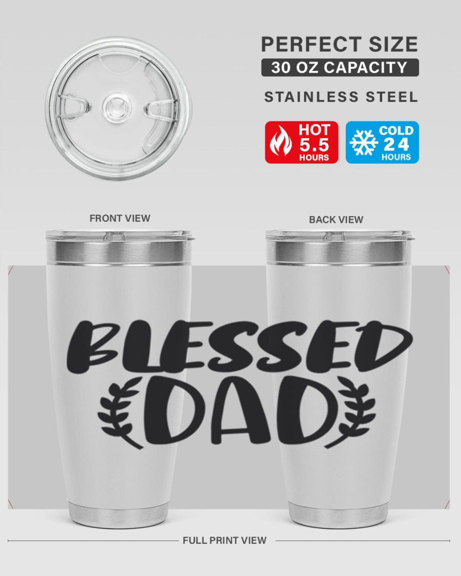 Blessed Dad 36# Tumbler in stainless steel with a drink-thru lid, showcasing its sleek design and insulation features.