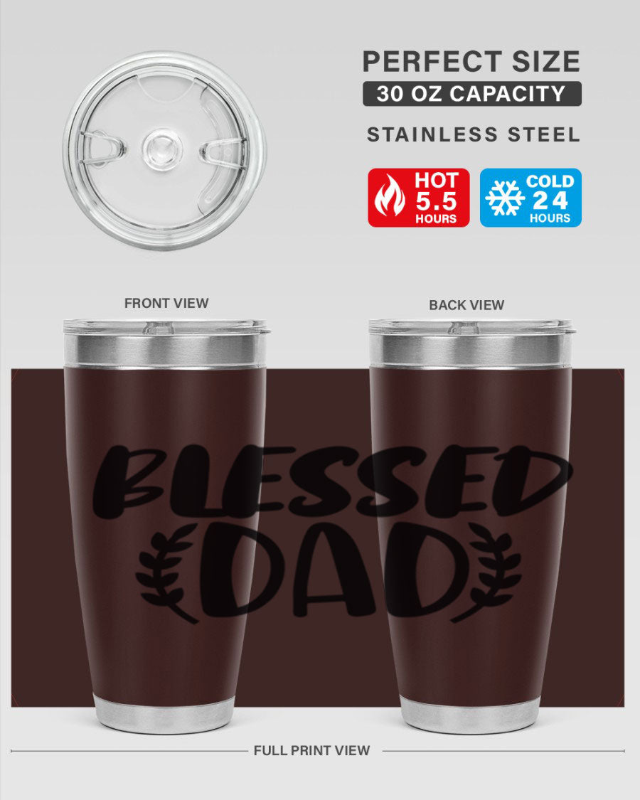 Blessed Dad 36# Tumbler in stainless steel with a drink-thru lid, showcasing its sleek design and insulation features.