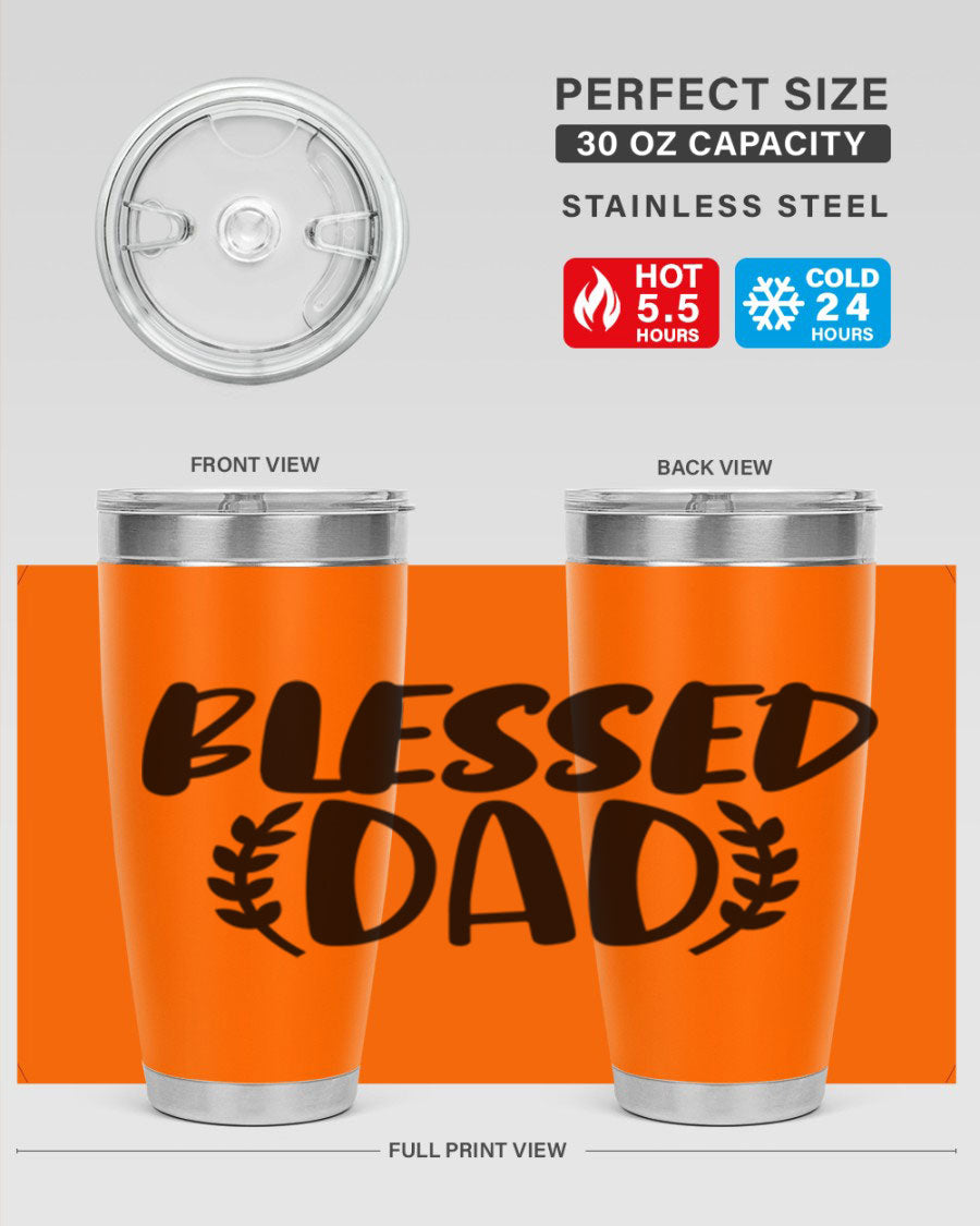 Blessed Dad 36# Tumbler in stainless steel with a drink-thru lid, showcasing its sleek design and insulation features.
