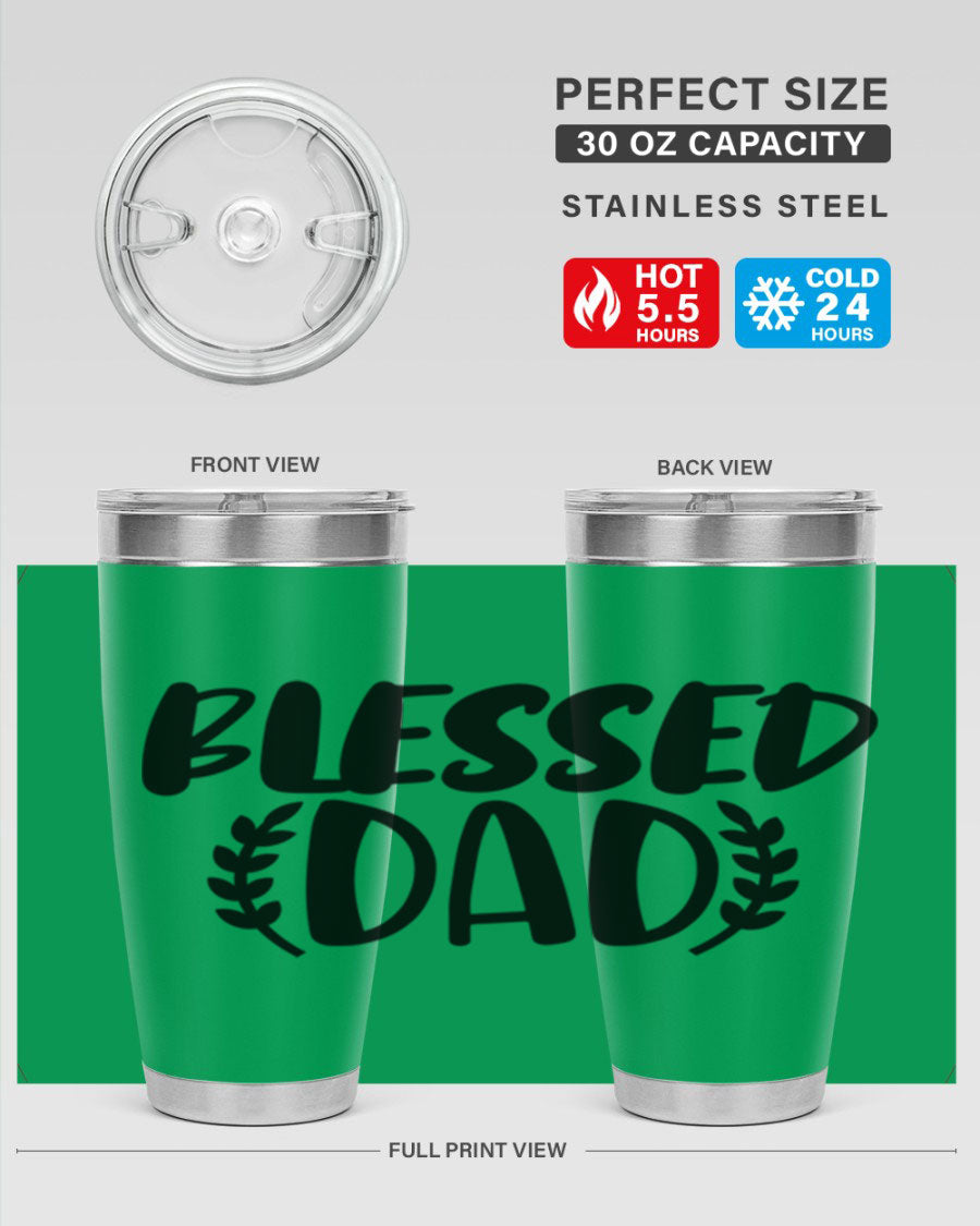 Blessed Dad 36# Tumbler in stainless steel with a drink-thru lid, showcasing its sleek design and insulation features.