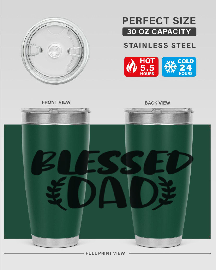 Blessed Dad 36# Tumbler in stainless steel with a drink-thru lid, showcasing its sleek design and insulation features.