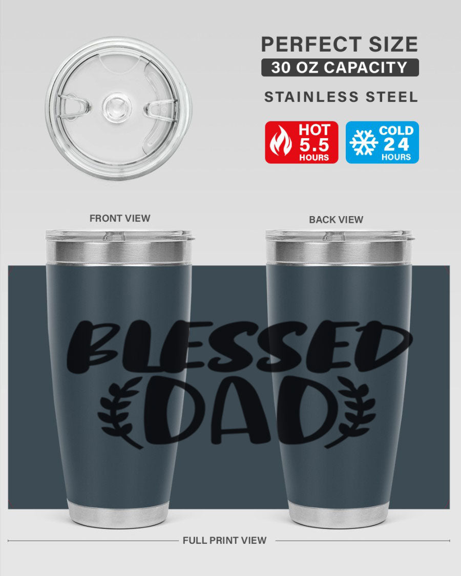 Blessed Dad 36# Tumbler in stainless steel with a drink-thru lid, showcasing its sleek design and insulation features.