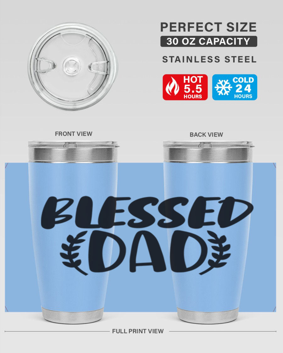 Blessed Dad 36# Tumbler in stainless steel with a drink-thru lid, showcasing its sleek design and insulation features.