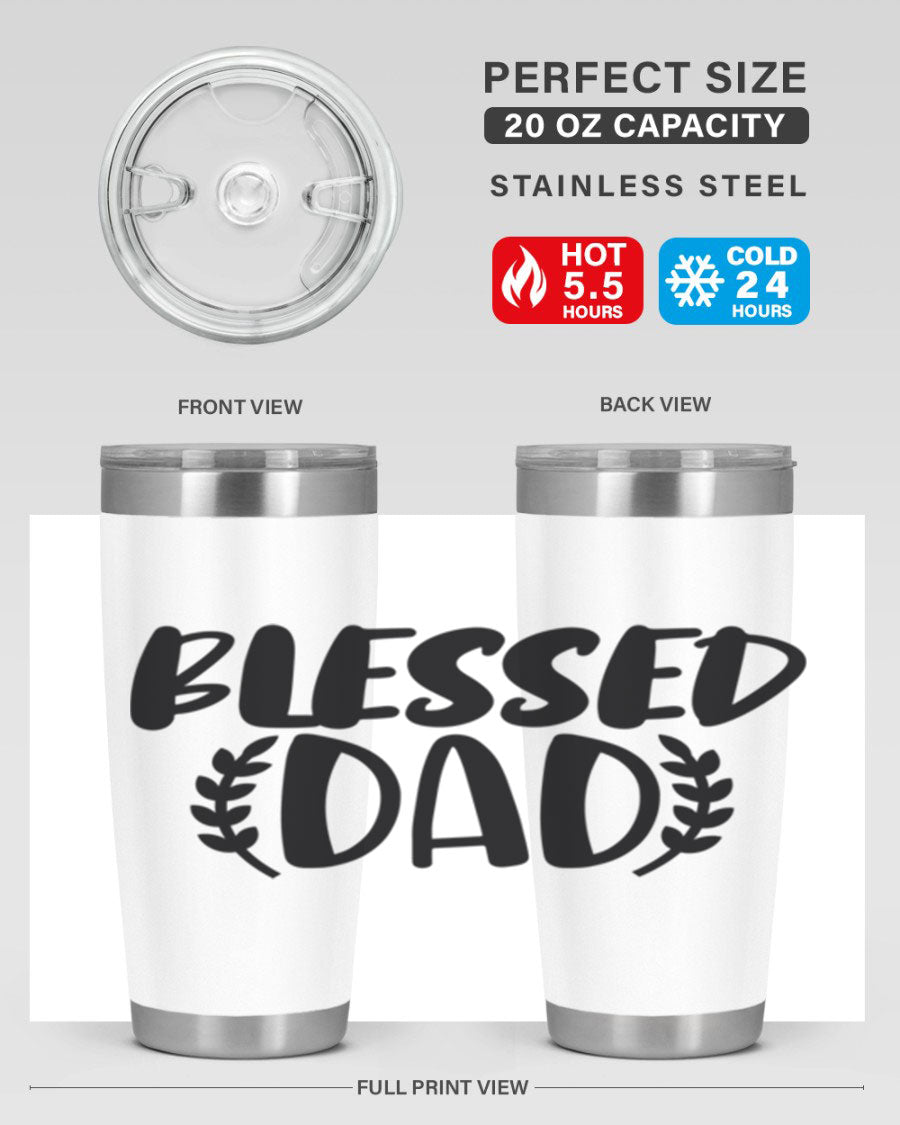 Blessed Dad 36# Tumbler in stainless steel with a drink-thru lid, showcasing its sleek design and insulation features.