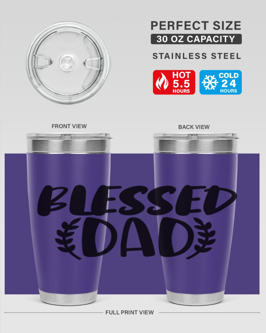 Blessed Dad 36# Tumbler in stainless steel with a drink-thru lid, showcasing its sleek design and insulation features.