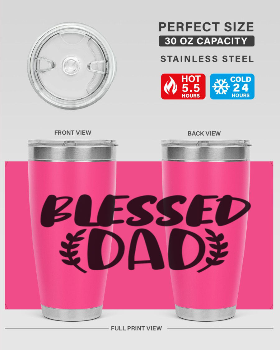Blessed Dad 36# Tumbler in stainless steel with a drink-thru lid, showcasing its sleek design and insulation features.