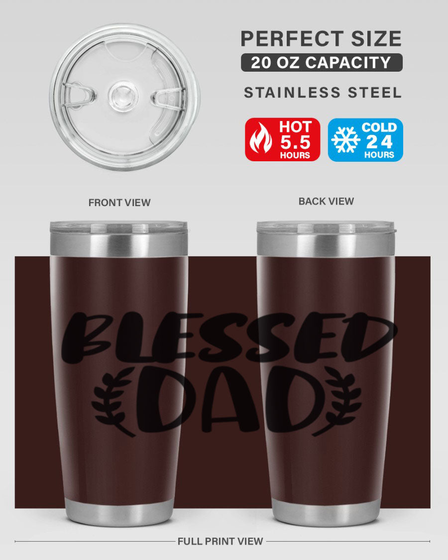 Blessed Dad 36# Tumbler in stainless steel with a drink-thru lid, showcasing its sleek design and insulation features.