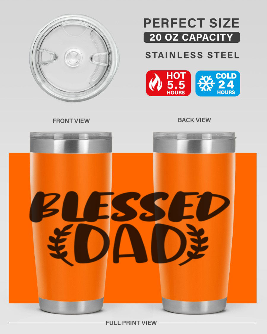 Blessed Dad 36# Tumbler in stainless steel with a drink-thru lid, showcasing its sleek design and insulation features.