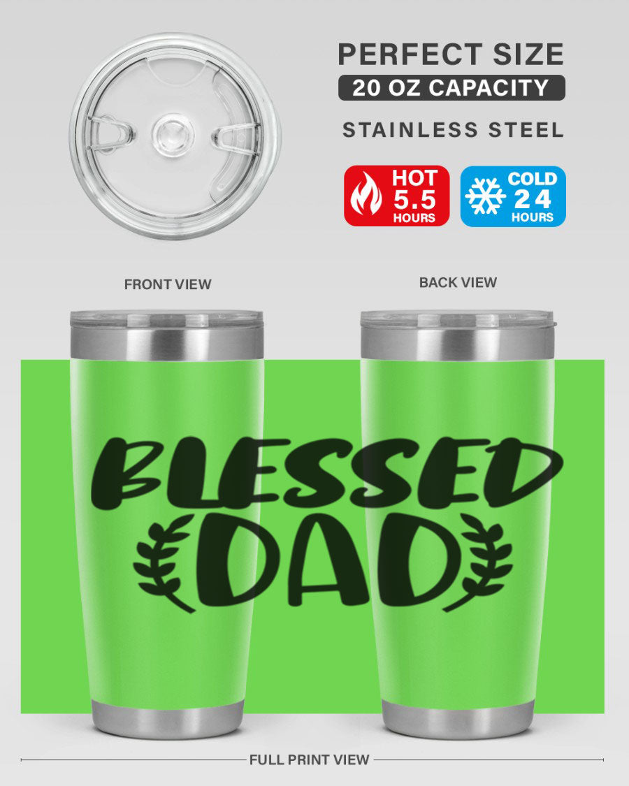 Blessed Dad 36# Tumbler in stainless steel with a drink-thru lid, showcasing its sleek design and insulation features.