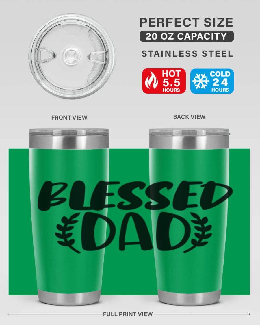 Blessed Dad 36# Tumbler in stainless steel with a drink-thru lid, showcasing its sleek design and insulation features.
