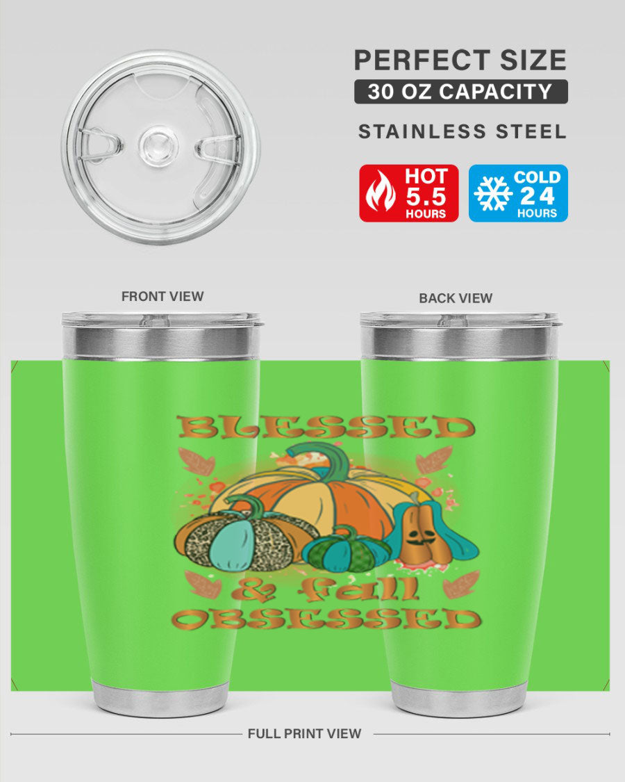 Blessed Fall Obsessed 20oz tumbler featuring double wall vacuum stainless steel and a stylish fall-themed design.