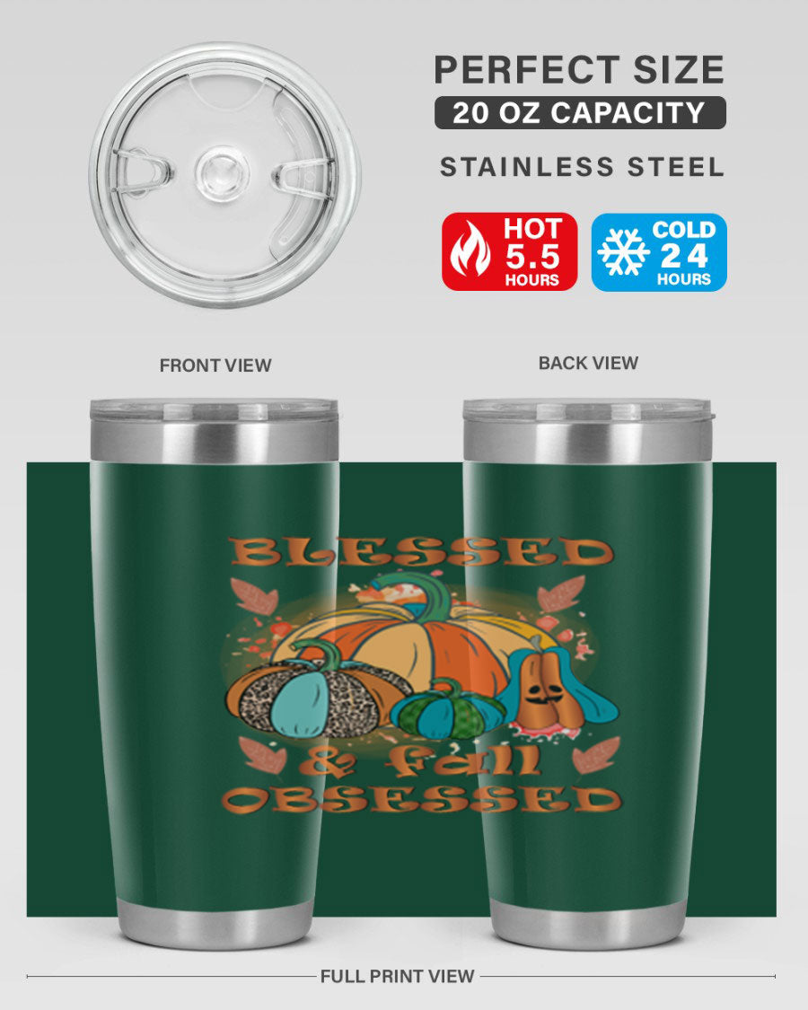 Blessed Fall Obsessed 20oz tumbler featuring double wall vacuum stainless steel and a stylish fall-themed design.
