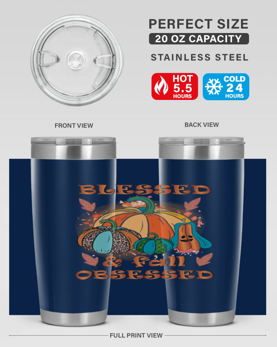 Blessed Fall Obsessed 20oz tumbler featuring double wall vacuum stainless steel and a stylish fall-themed design.