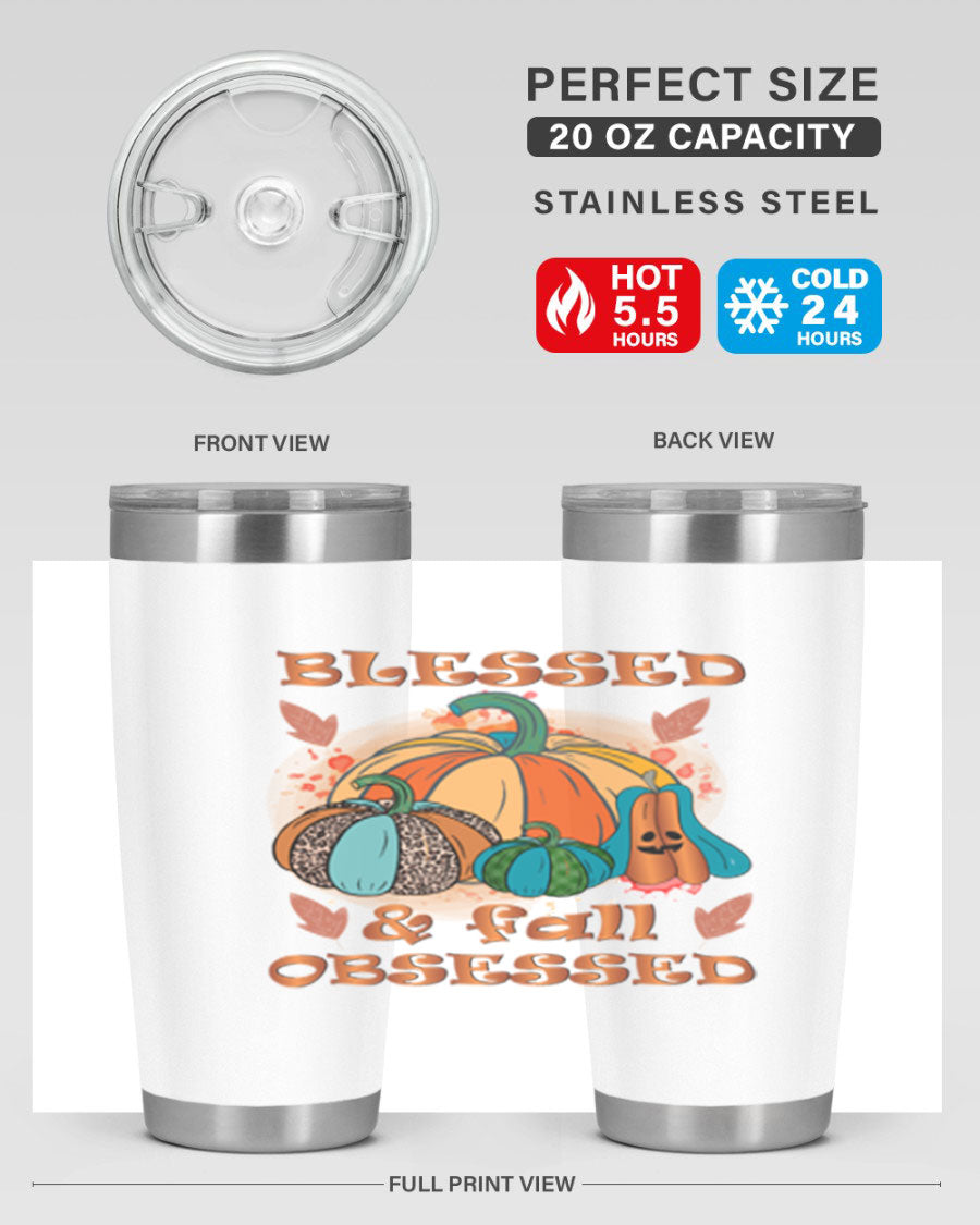 Blessed Fall Obsessed 20oz tumbler featuring double wall vacuum stainless steel and a stylish fall-themed design.