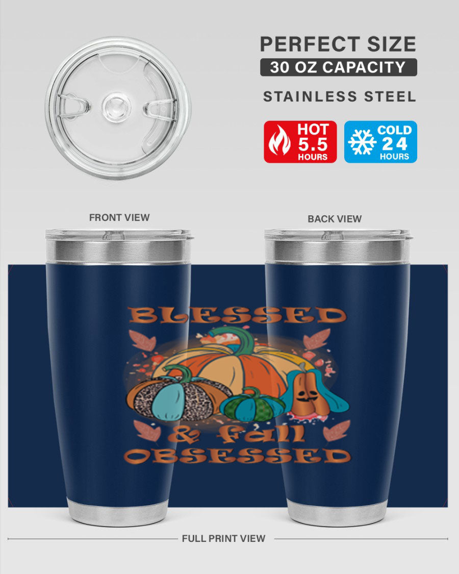 Blessed Fall Obsessed 20oz tumbler featuring double wall vacuum stainless steel and a stylish fall-themed design.