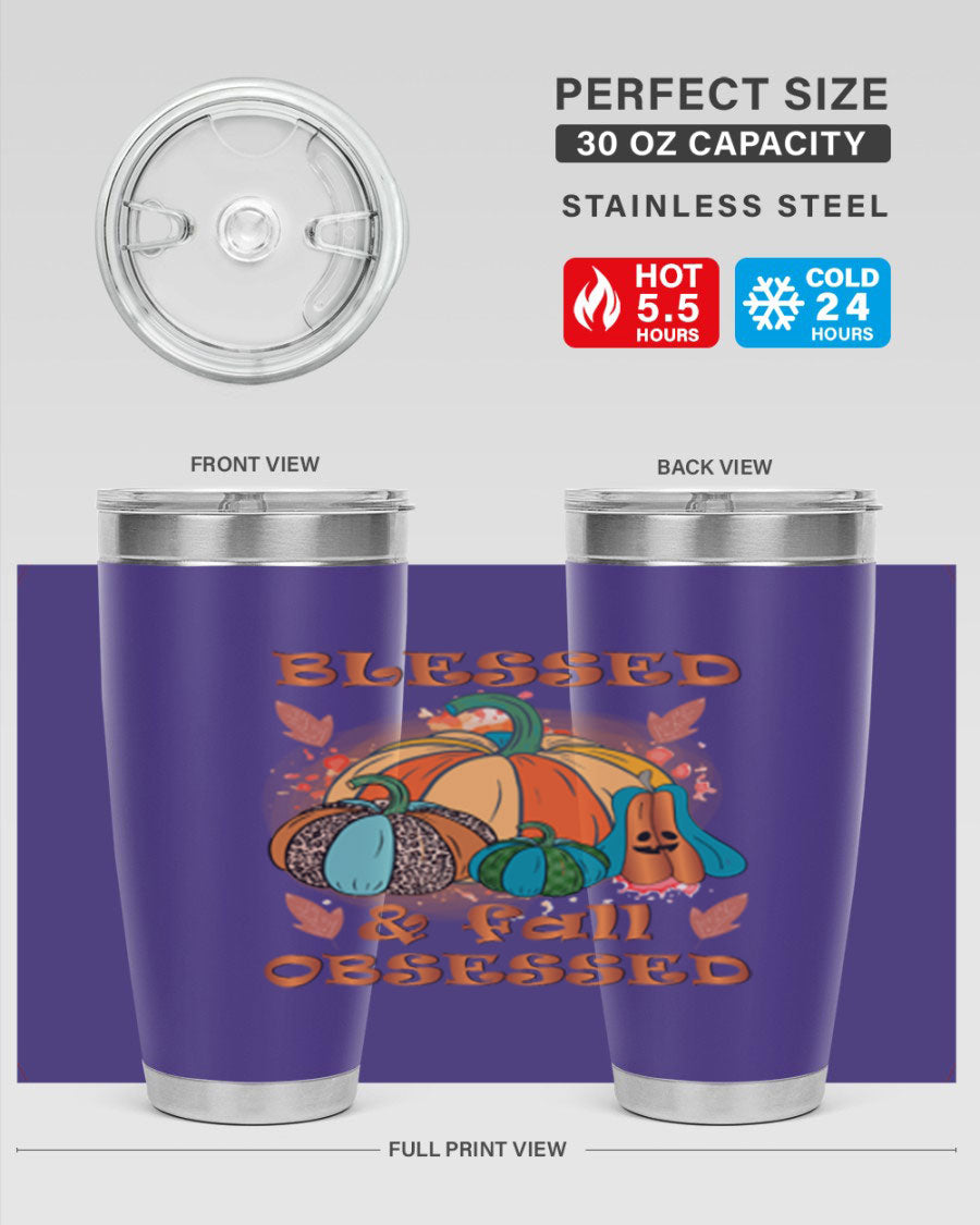 Blessed Fall Obsessed 20oz tumbler featuring double wall vacuum stainless steel and a stylish fall-themed design.