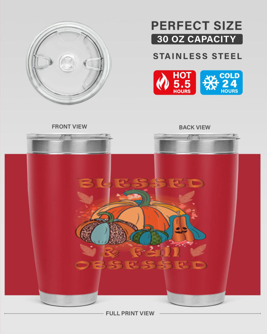 Blessed Fall Obsessed 20oz tumbler featuring double wall vacuum stainless steel and a stylish fall-themed design.