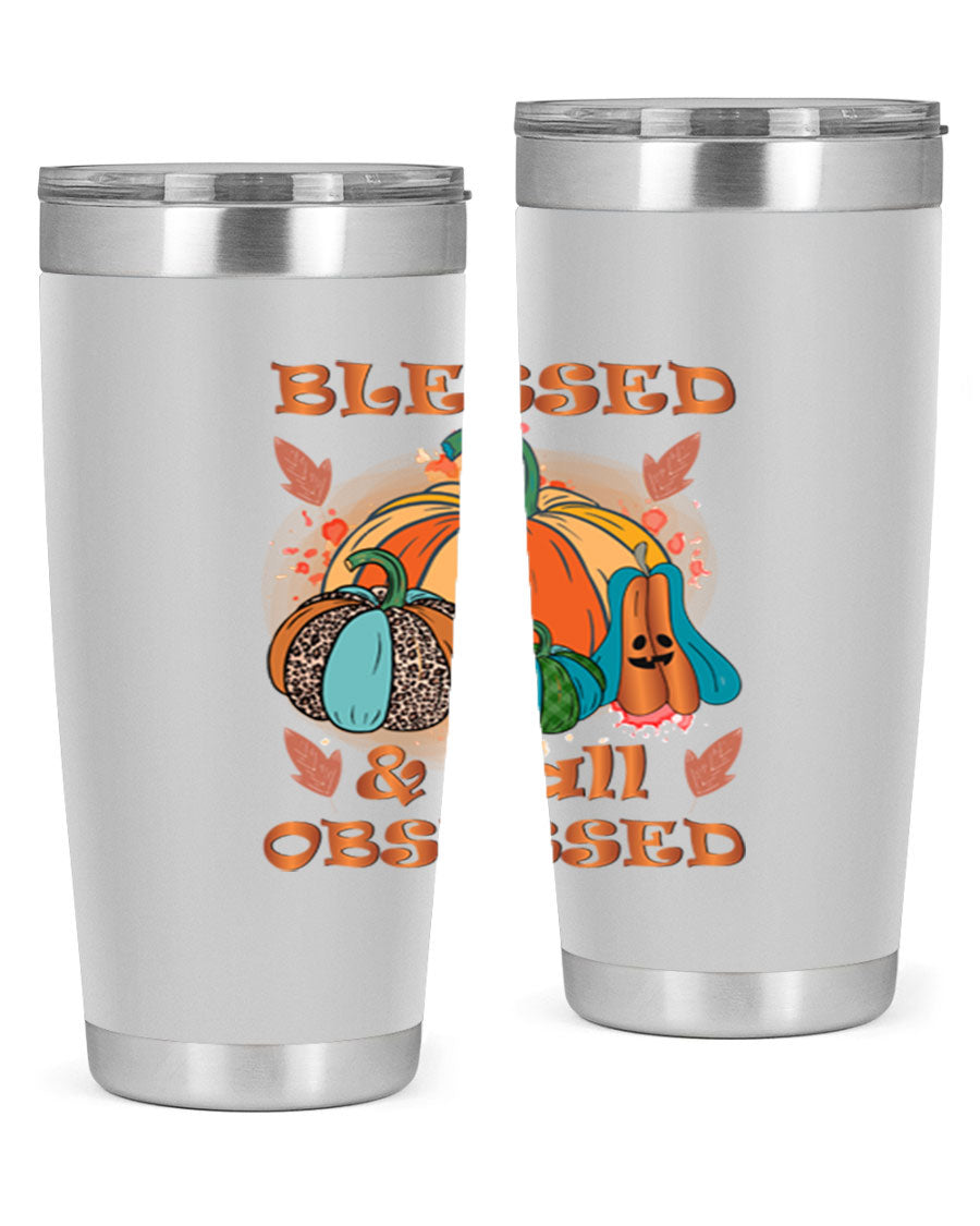 Blessed Fall Obsessed 20oz tumbler featuring double wall vacuum stainless steel and a stylish fall-themed design.