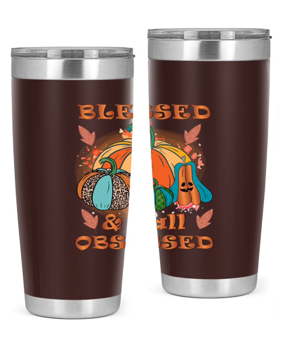 Blessed Fall Obsessed 20oz tumbler featuring double wall vacuum stainless steel and a stylish fall-themed design.