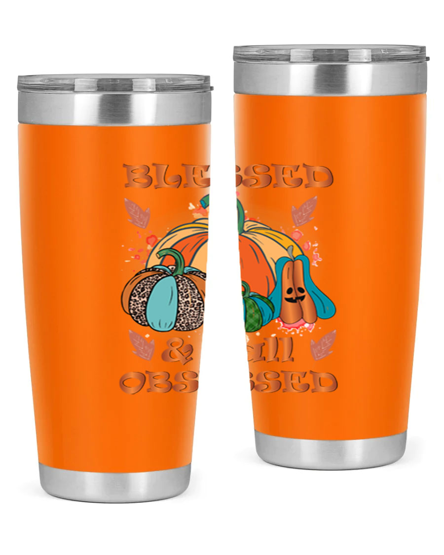 Blessed Fall Obsessed 20oz tumbler featuring double wall vacuum stainless steel and a stylish fall-themed design.