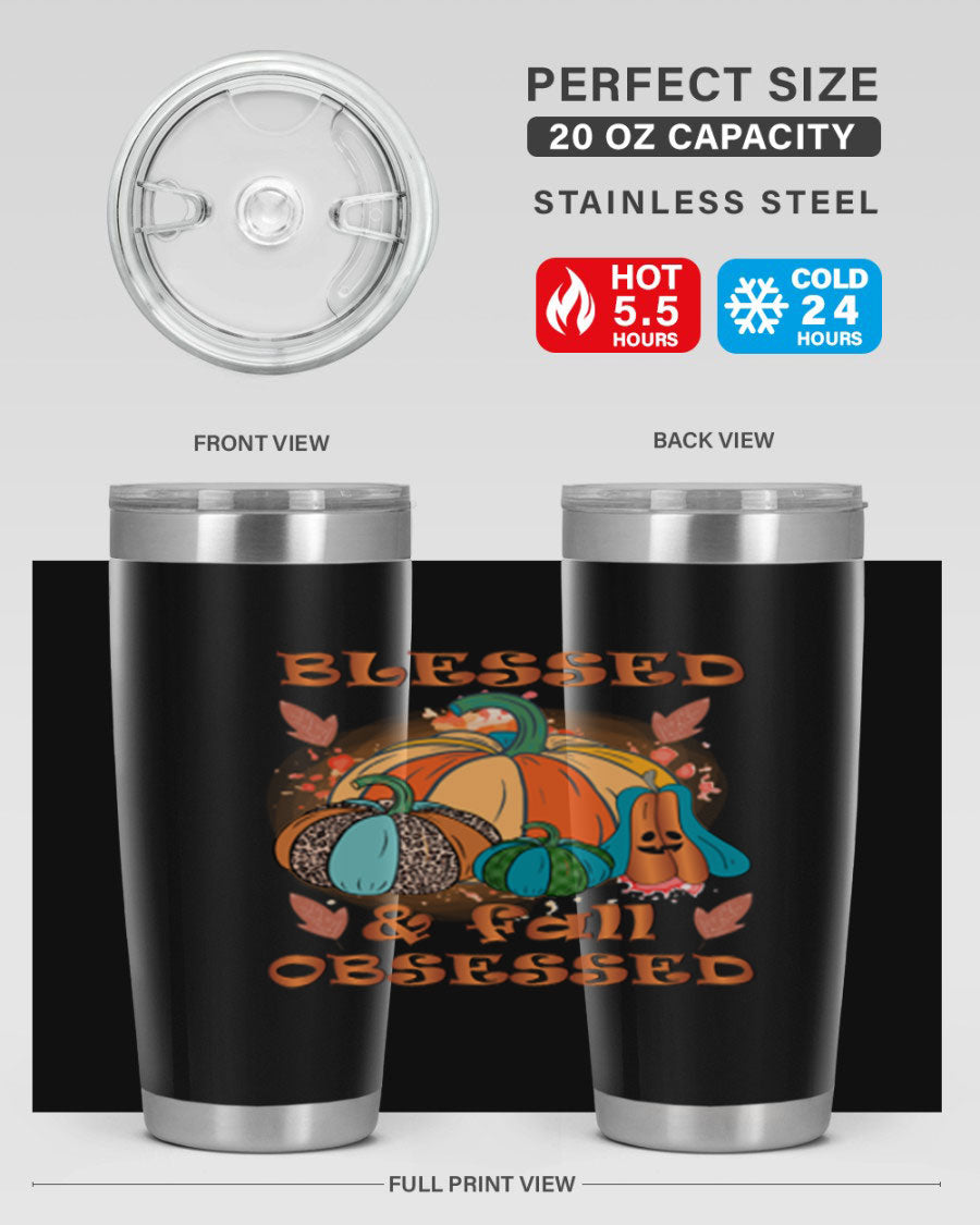 Blessed Fall Obsessed 20oz tumbler featuring double wall vacuum stainless steel and a stylish fall-themed design.