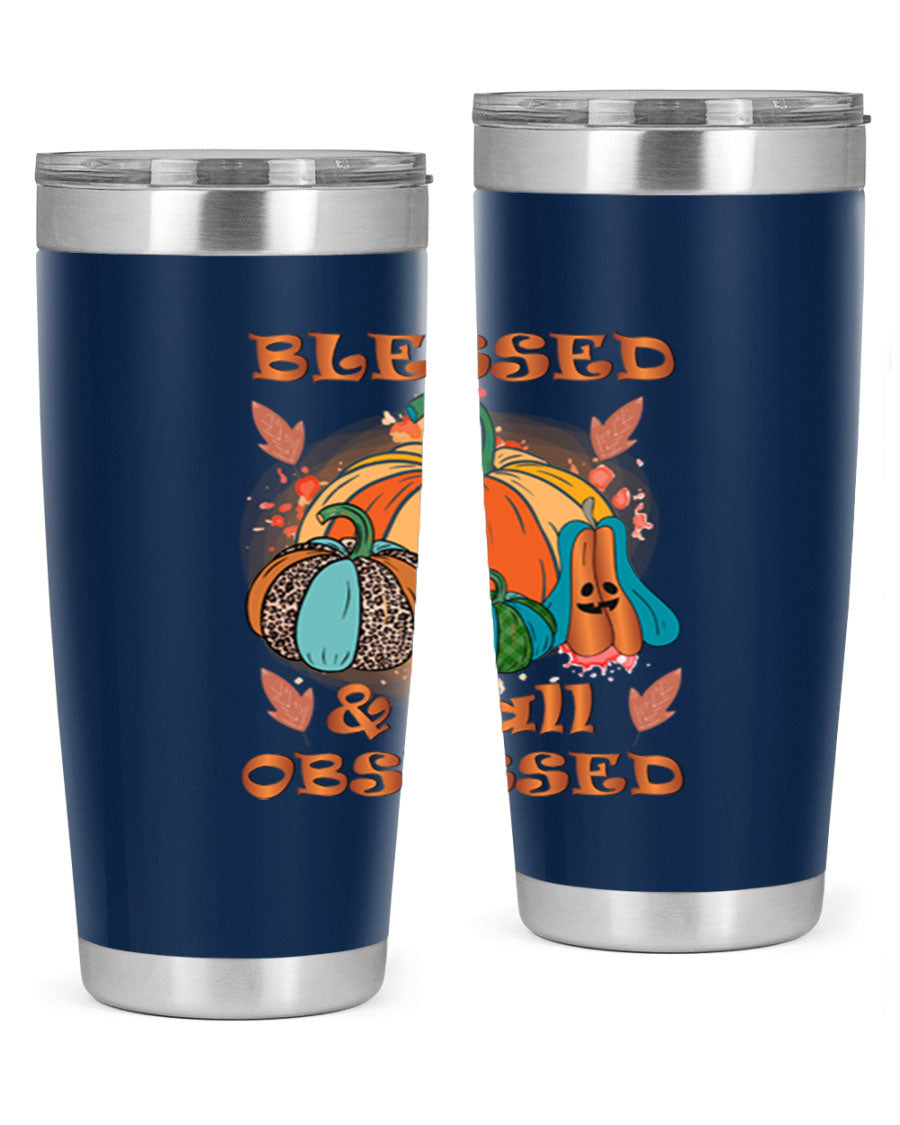 Blessed Fall Obsessed 20oz tumbler featuring double wall vacuum stainless steel and a stylish fall-themed design.