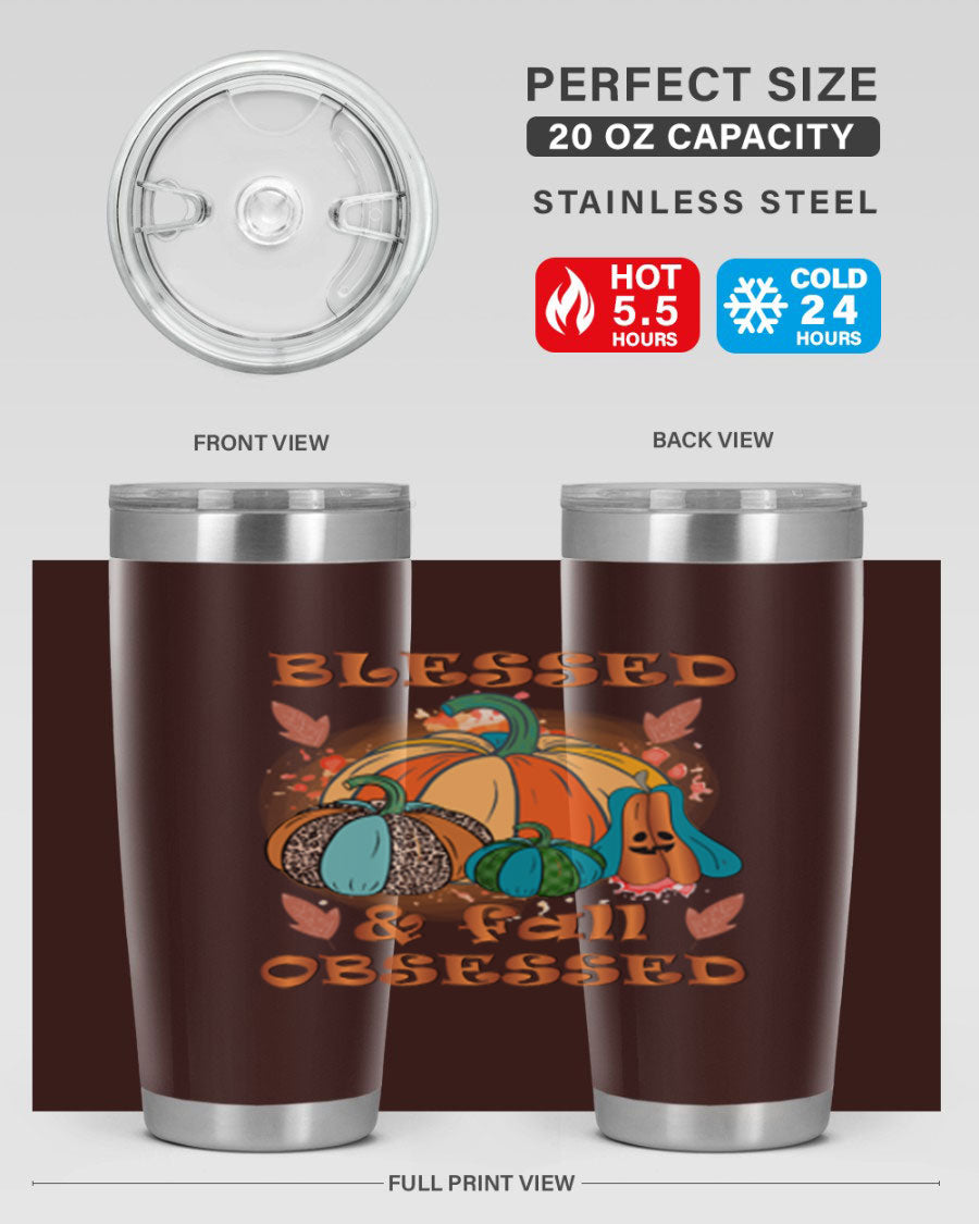 Blessed Fall Obsessed 20oz tumbler featuring double wall vacuum stainless steel and a stylish fall-themed design.