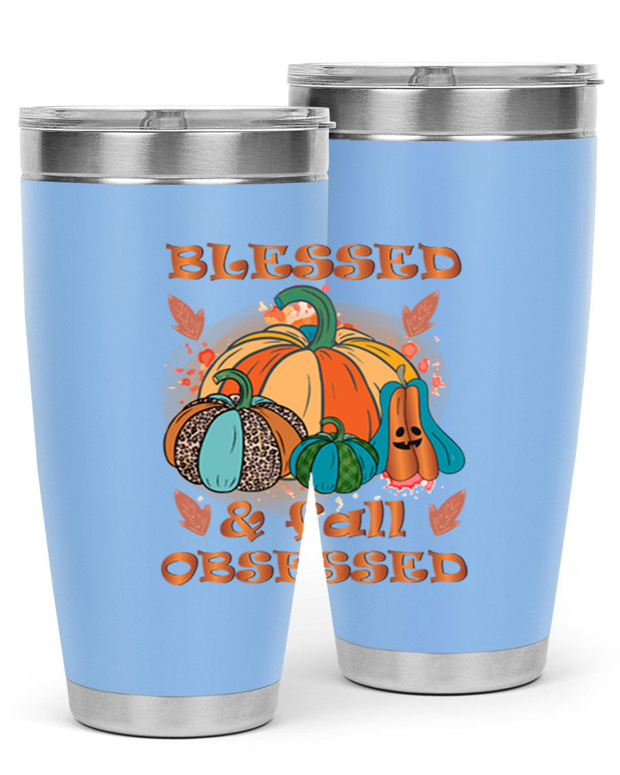 Blessed Fall Obsessed 20oz tumbler featuring double wall vacuum stainless steel and a stylish fall-themed design.