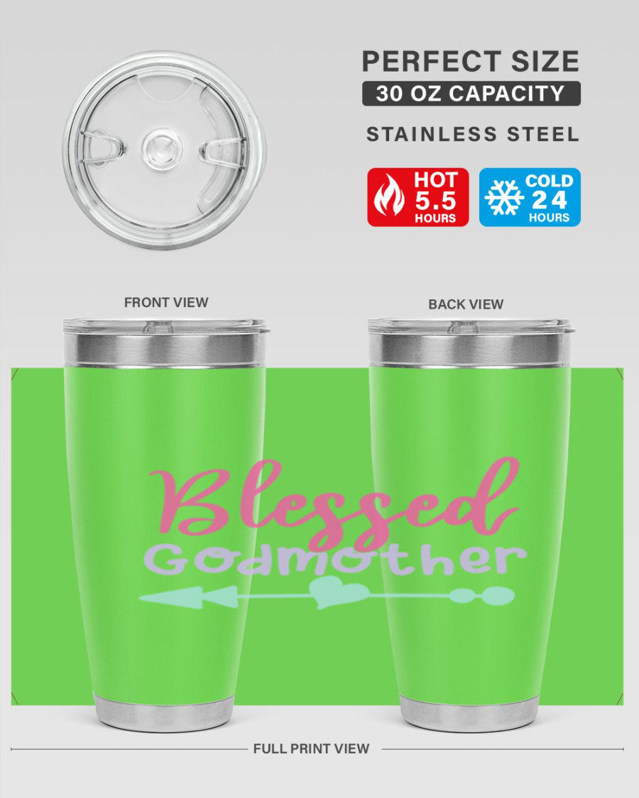 Blessed Godmother tumbler featuring double wall vacuum stainless steel design, perfect for keeping beverages hot or cold.