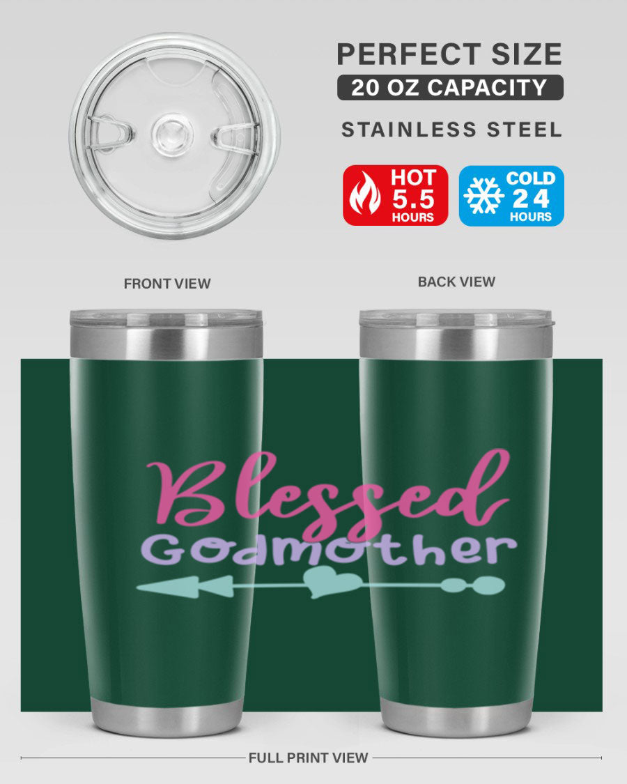 Blessed Godmother tumbler featuring double wall vacuum stainless steel design, perfect for keeping beverages hot or cold.