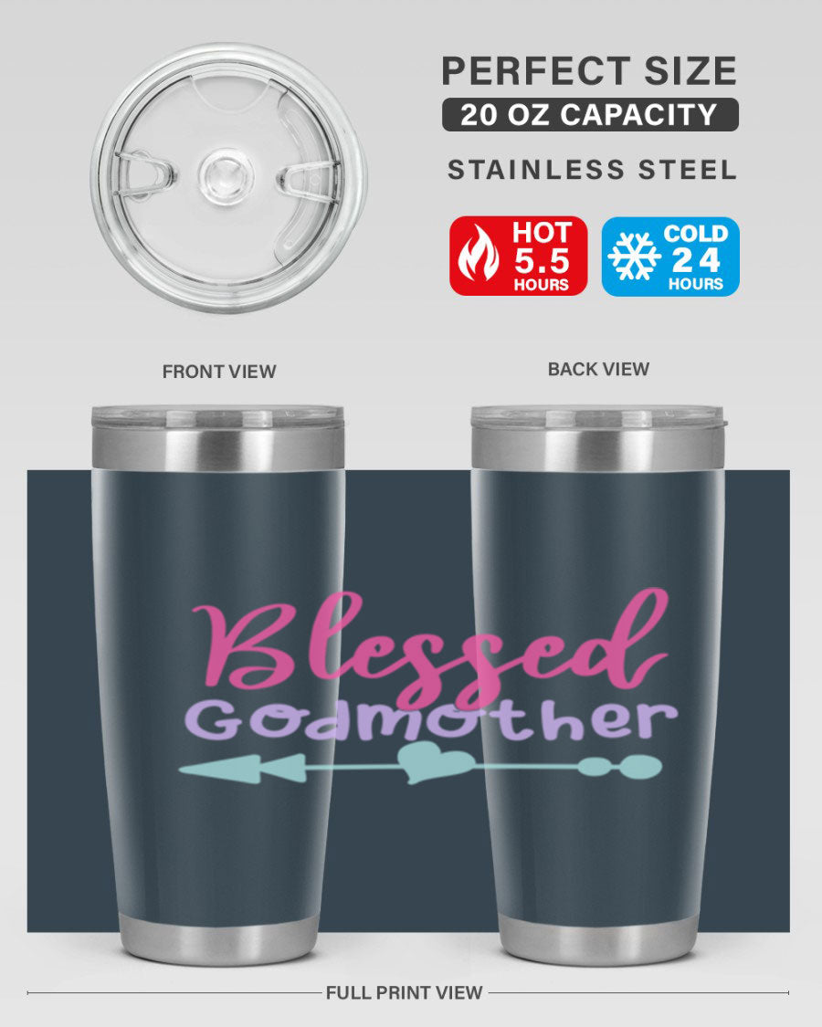 Blessed Godmother tumbler featuring double wall vacuum stainless steel design, perfect for keeping beverages hot or cold.