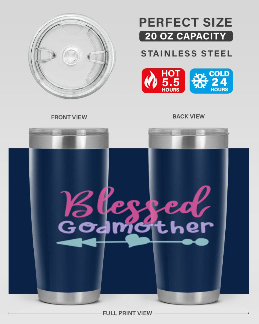 Blessed Godmother tumbler featuring double wall vacuum stainless steel design, perfect for keeping beverages hot or cold.
