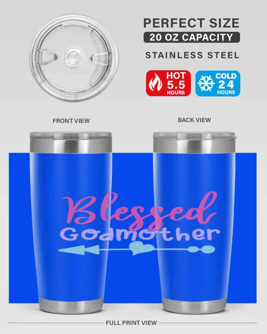 Blessed Godmother tumbler featuring double wall vacuum stainless steel design, perfect for keeping beverages hot or cold.