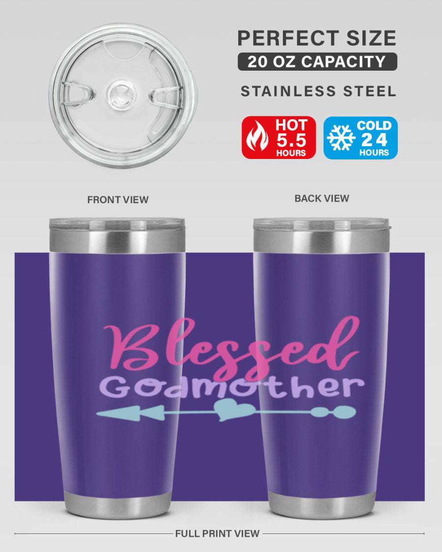 Blessed Godmother tumbler featuring double wall vacuum stainless steel design, perfect for keeping beverages hot or cold.