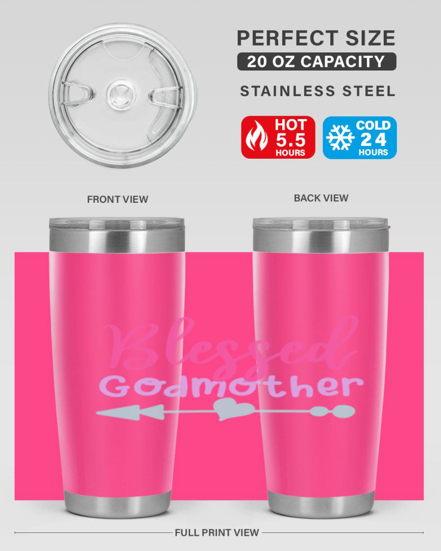 Blessed Godmother tumbler featuring double wall vacuum stainless steel design, perfect for keeping beverages hot or cold.