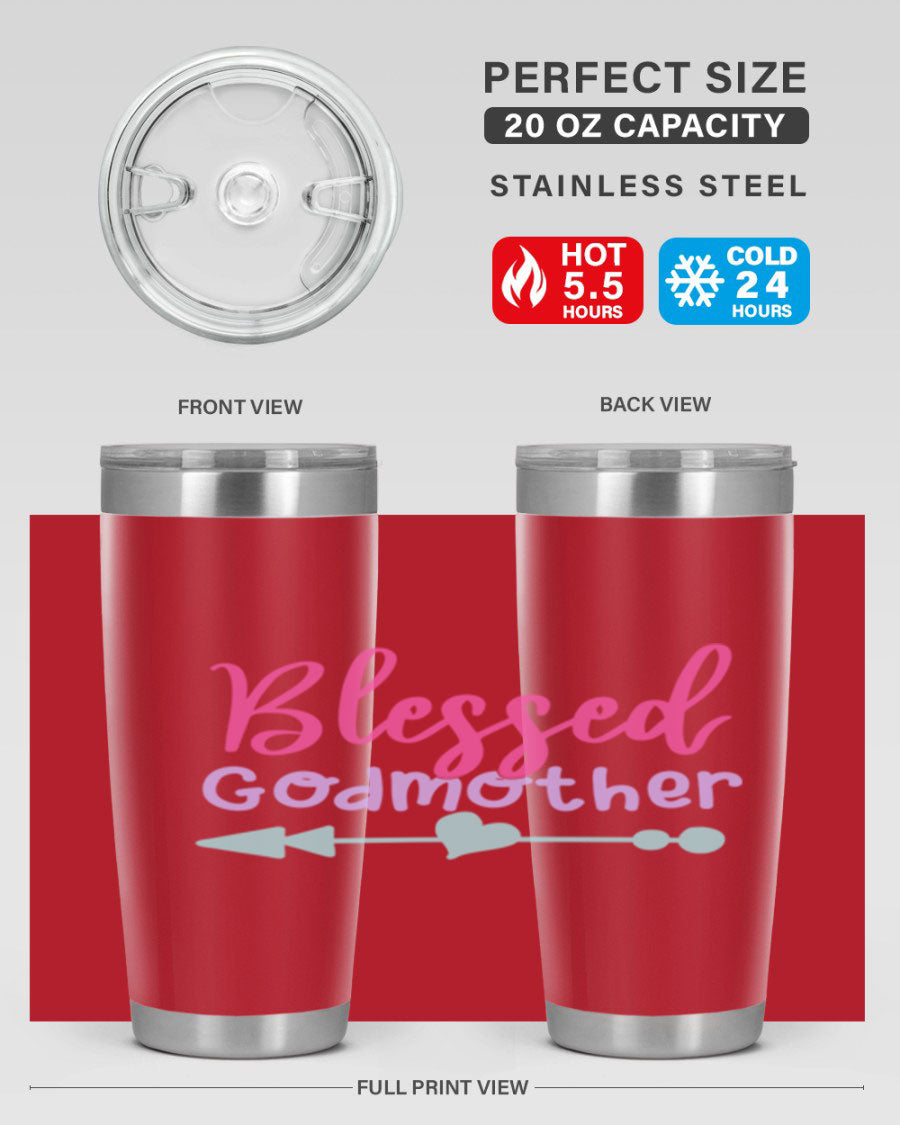 Blessed Godmother tumbler featuring double wall vacuum stainless steel design, perfect for keeping beverages hot or cold.