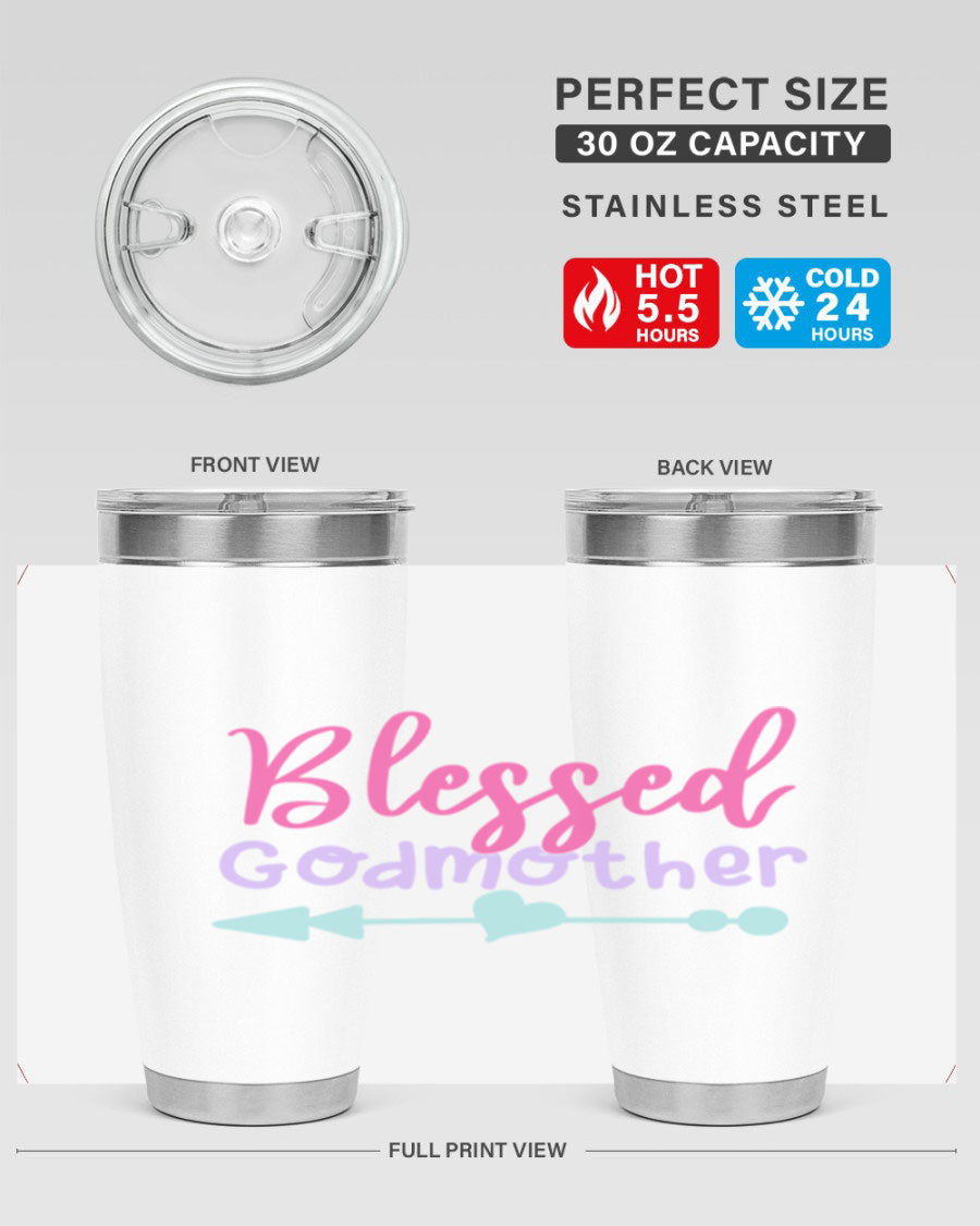 Blessed Godmother tumbler featuring double wall vacuum stainless steel design, perfect for keeping beverages hot or cold.
