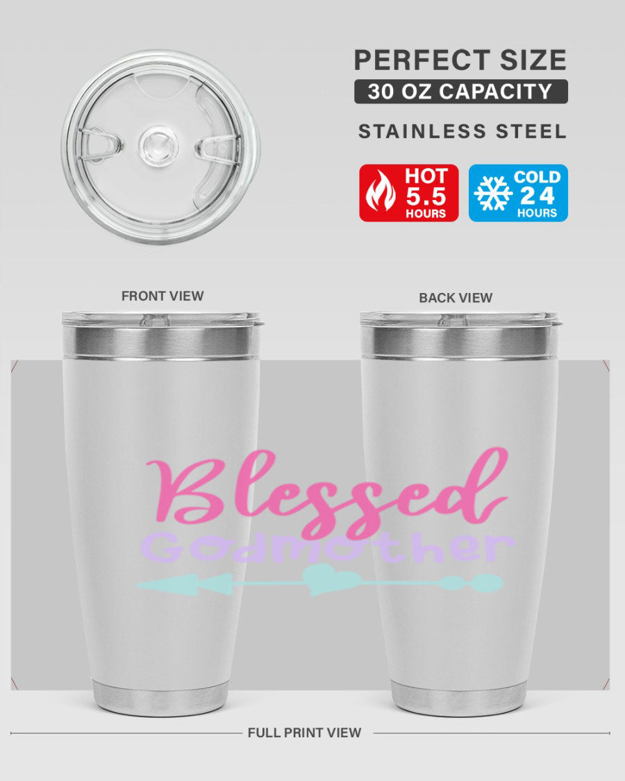 Blessed Godmother tumbler featuring double wall vacuum stainless steel design, perfect for keeping beverages hot or cold.