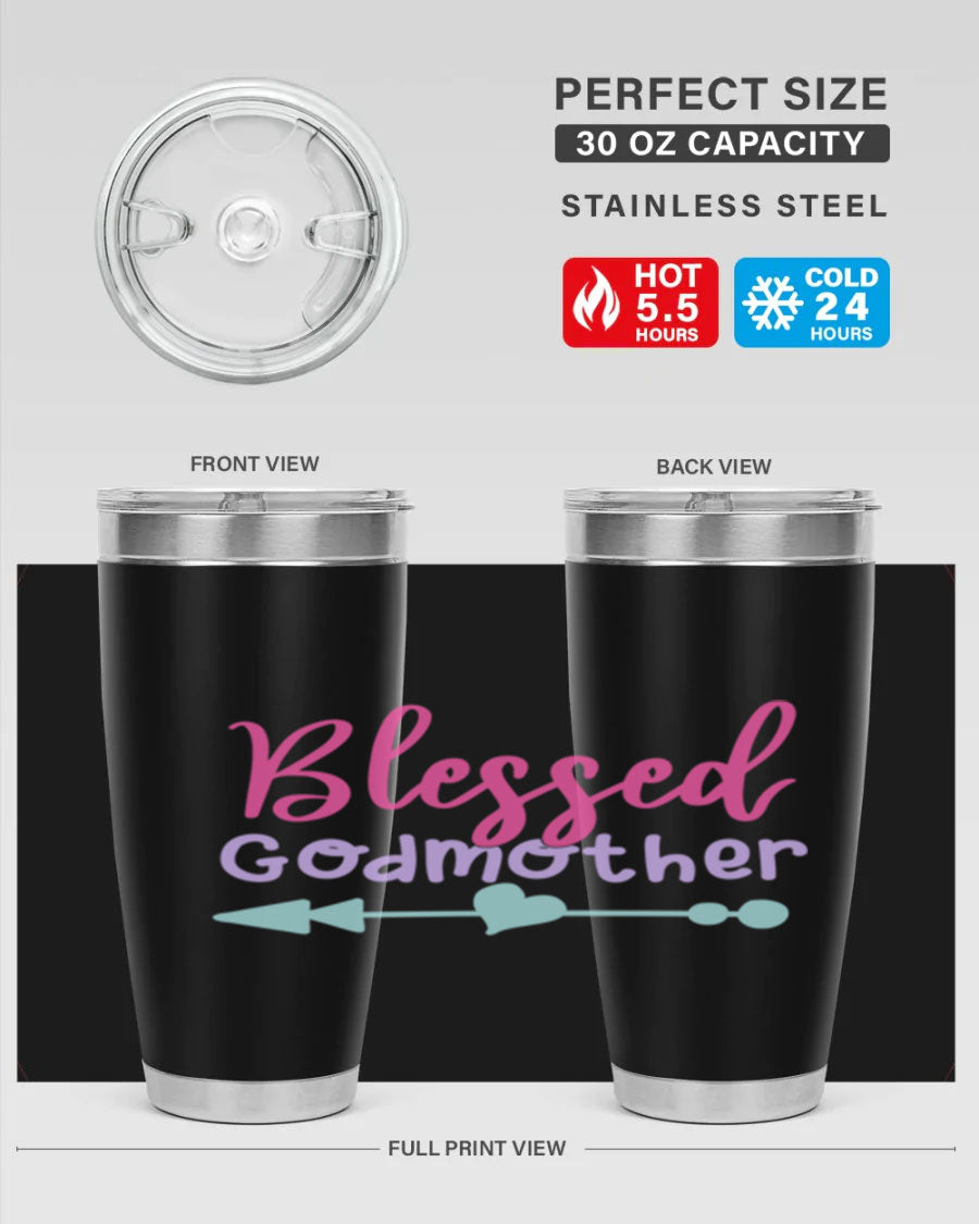Blessed Godmother tumbler featuring double wall vacuum stainless steel design, perfect for keeping beverages hot or cold.