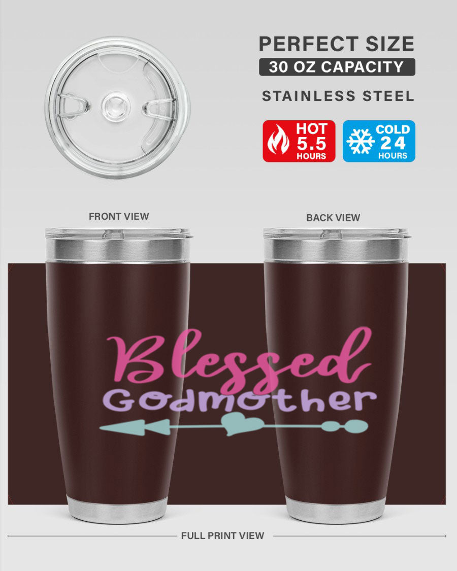 Blessed Godmother tumbler featuring double wall vacuum stainless steel design, perfect for keeping beverages hot or cold.