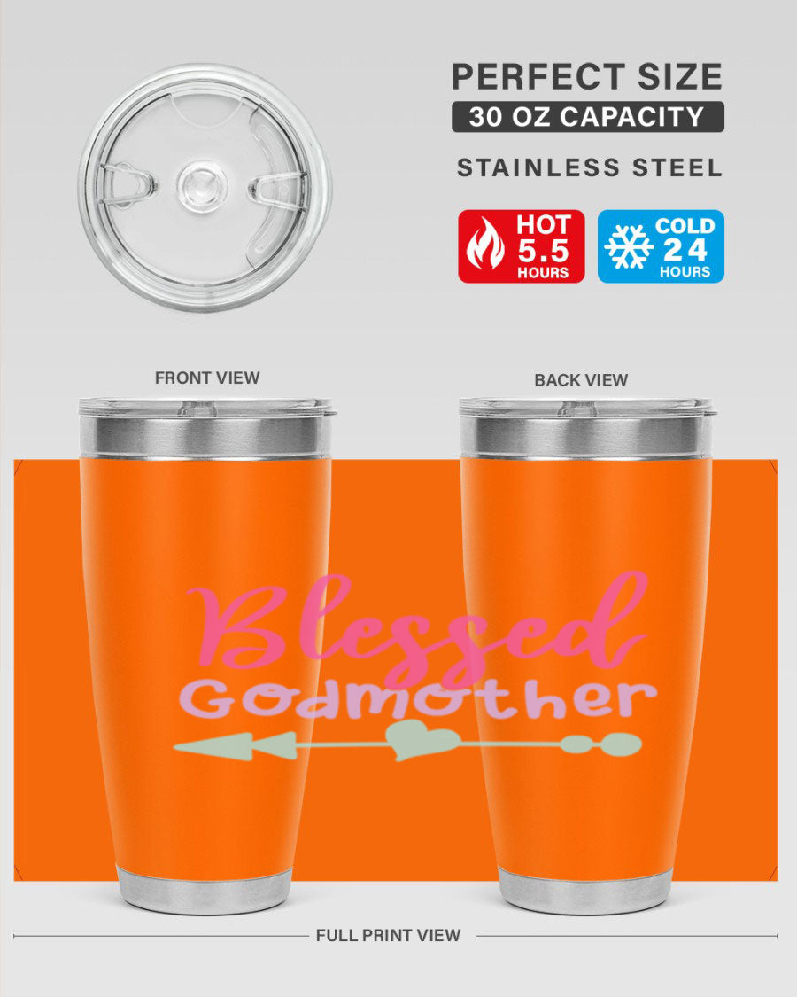 Blessed Godmother tumbler featuring double wall vacuum stainless steel design, perfect for keeping beverages hot or cold.