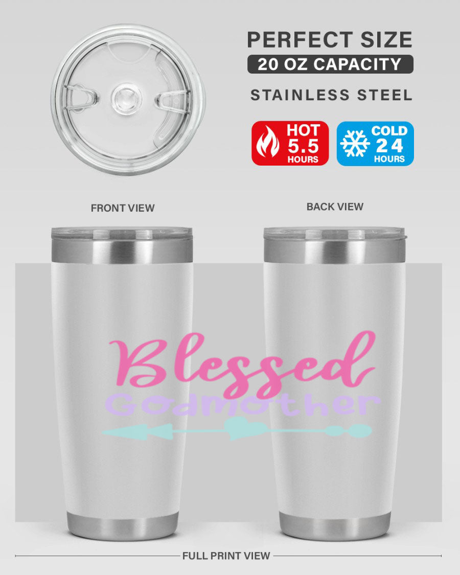 Blessed Godmother tumbler featuring double wall vacuum stainless steel design, perfect for keeping beverages hot or cold.