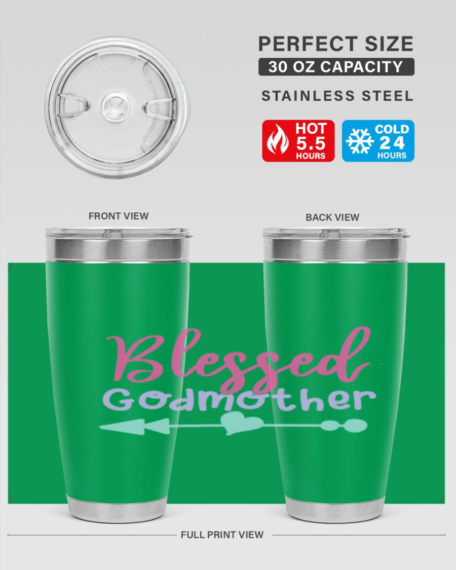 Blessed Godmother tumbler featuring double wall vacuum stainless steel design, perfect for keeping beverages hot or cold.