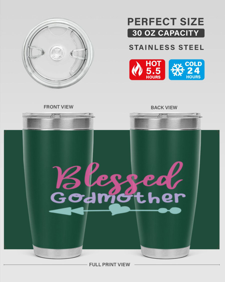 Blessed Godmother tumbler featuring double wall vacuum stainless steel design, perfect for keeping beverages hot or cold.