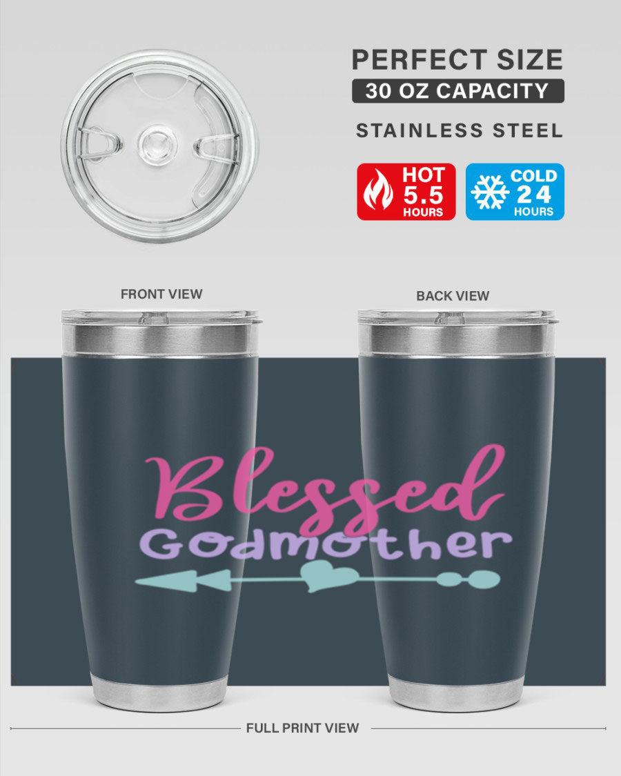 Blessed Godmother tumbler featuring double wall vacuum stainless steel design, perfect for keeping beverages hot or cold.