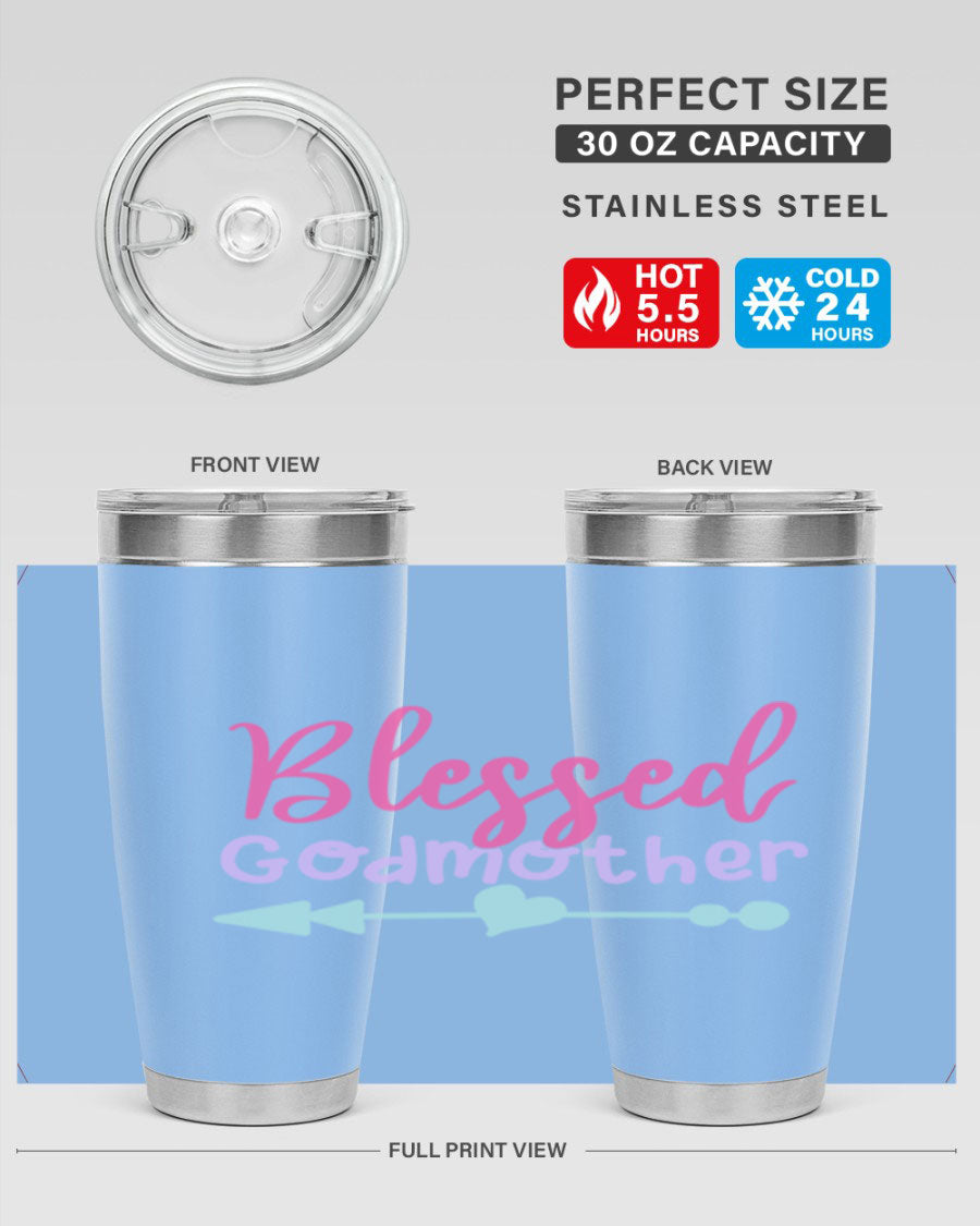 Blessed Godmother tumbler featuring double wall vacuum stainless steel design, perfect for keeping beverages hot or cold.