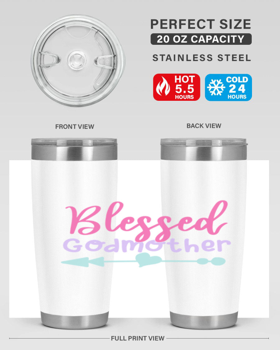 Blessed Godmother tumbler featuring double wall vacuum stainless steel design, perfect for keeping beverages hot or cold.