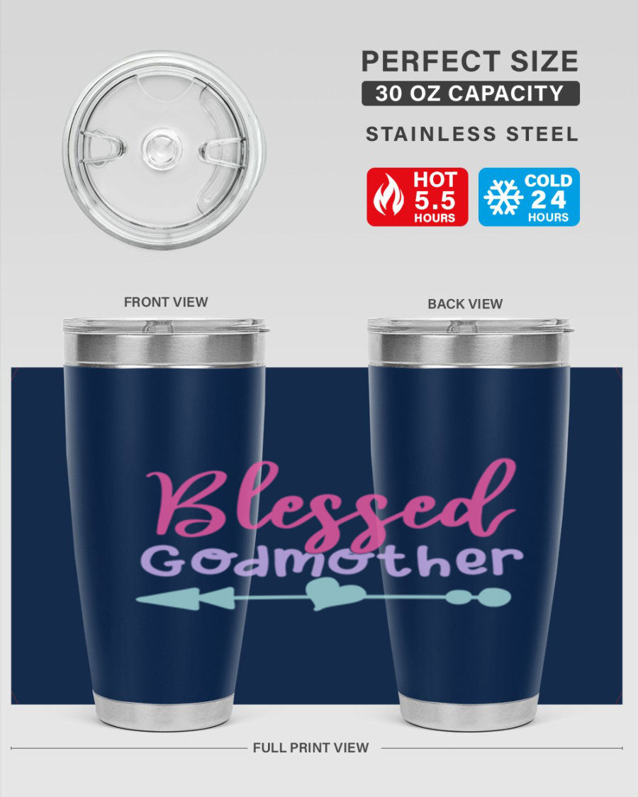 Blessed Godmother tumbler featuring double wall vacuum stainless steel design, perfect for keeping beverages hot or cold.